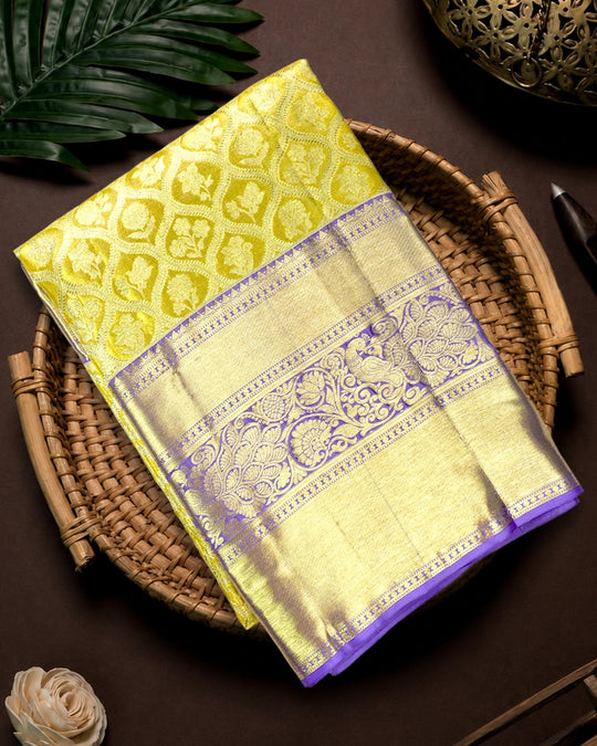 Yellow Pure Kanjivaram Saree with Floral Jaal and Broad Contrast Border