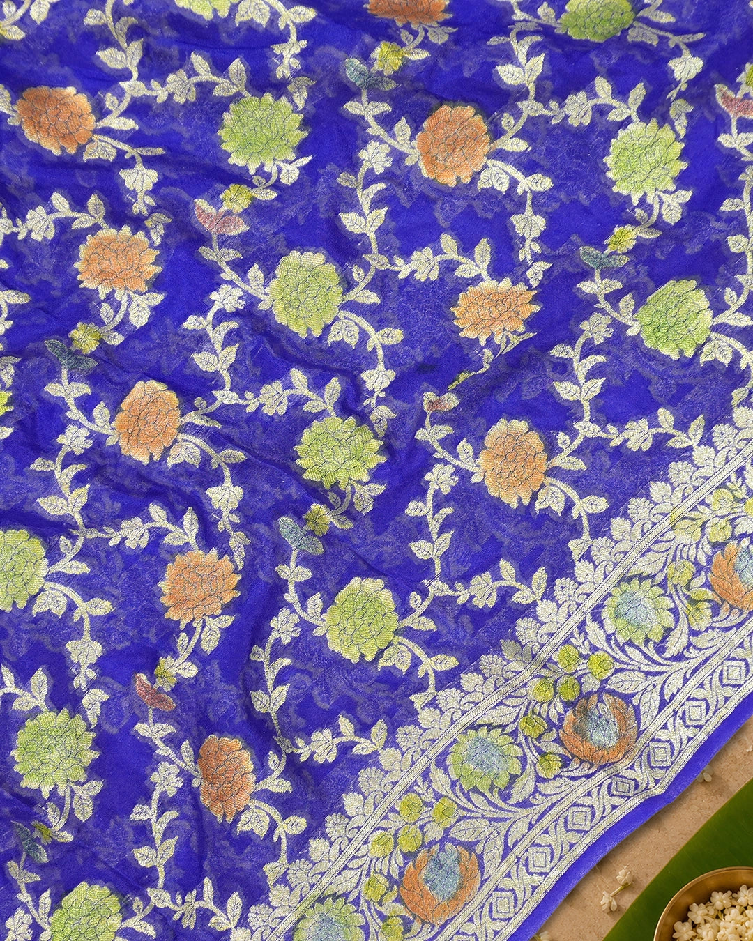 Blue Pure Chiffon Saree with Meenakari Floral Vine Weaves