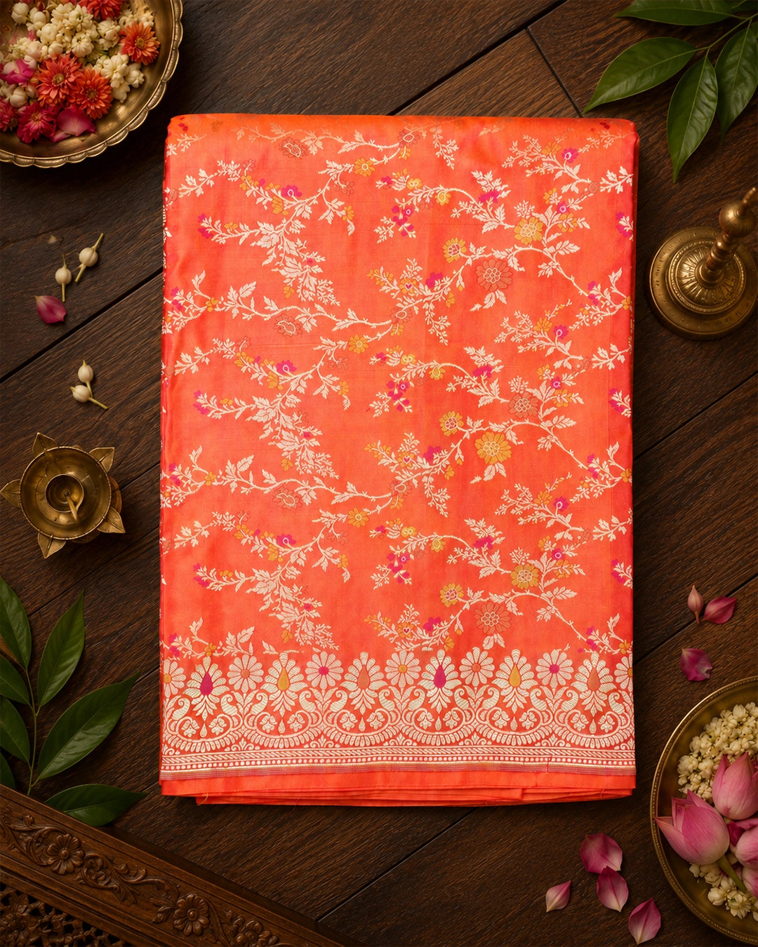 Coral Orange Pure Katan Dupatta with Meenakari Floral Jaal Weaving