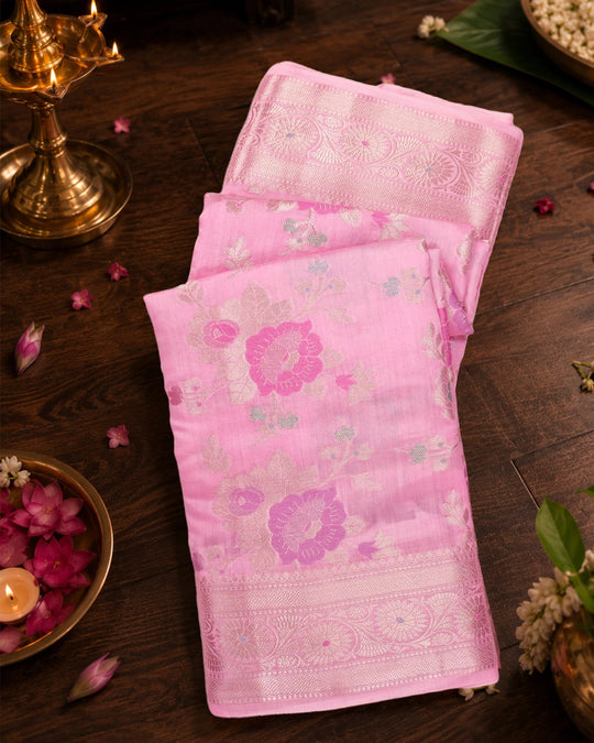 Pink Pure Banarasi Saree with Multicolour Floral Meenakari Weaving