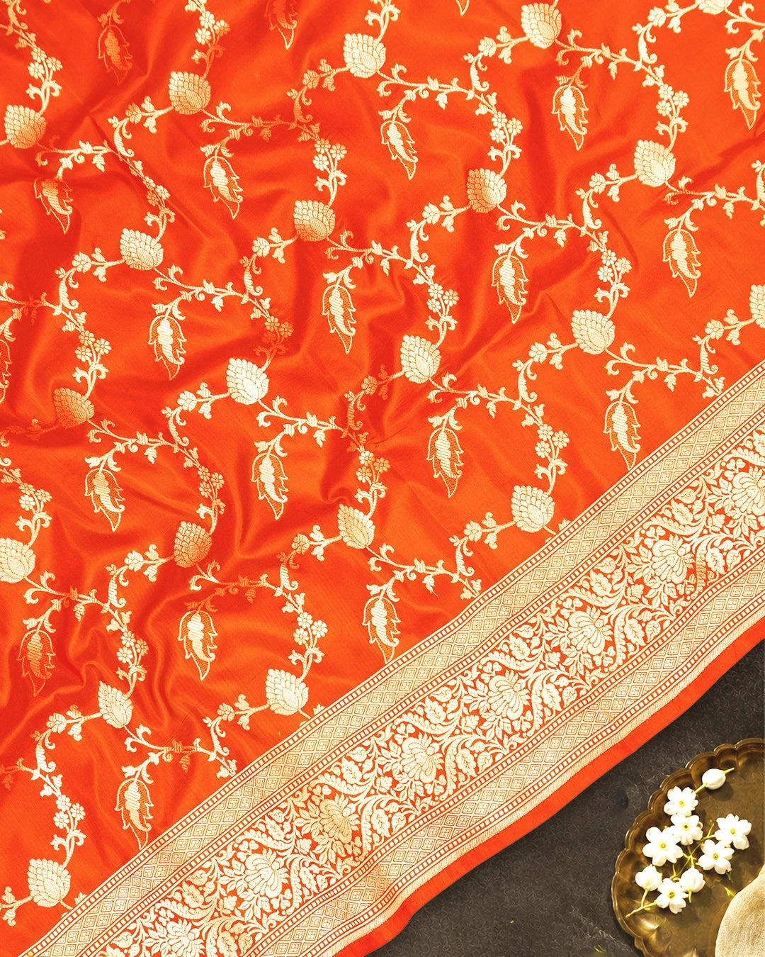 Orange Pure Katan Saree with Floral Jaal Weaves
