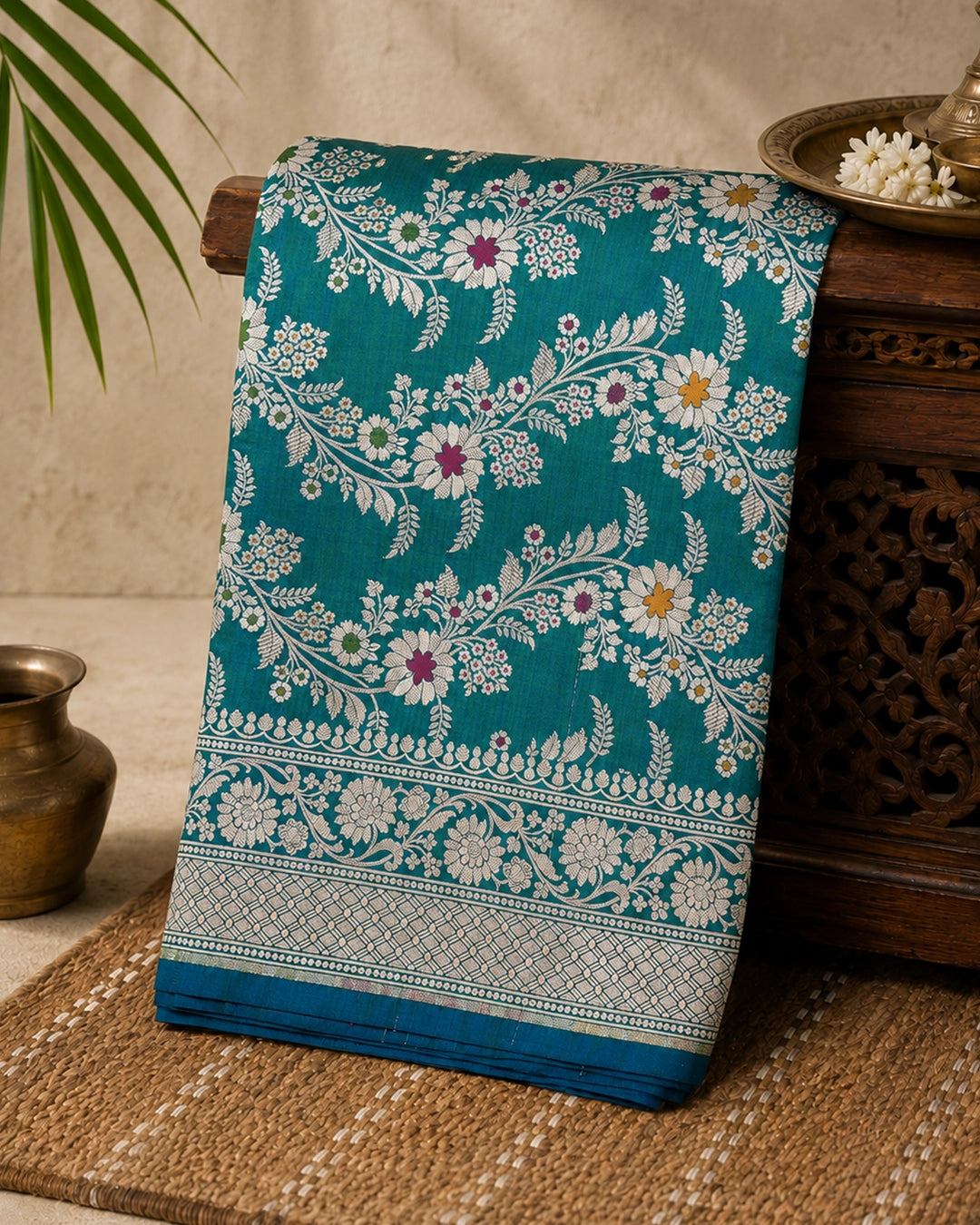 Teal Peacock Pure Katan Dupatta with Meenakari Floral Jaal Weaving