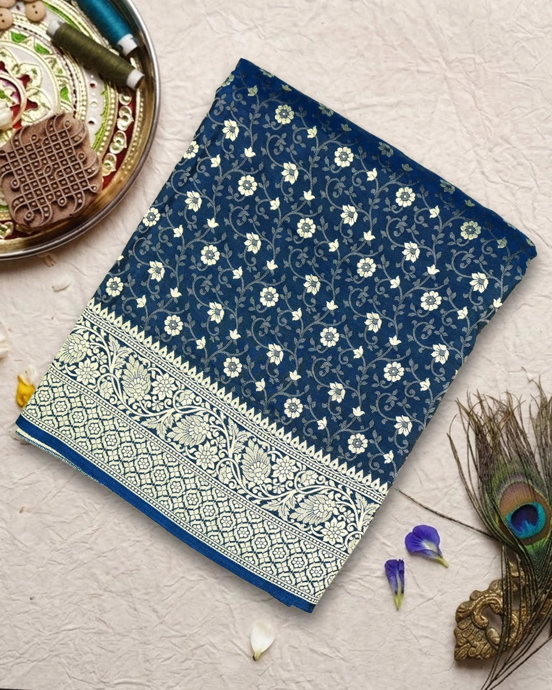 Morpinch Ink Blue Pure Banarasi Saree with Floral Tanchoi Weaves