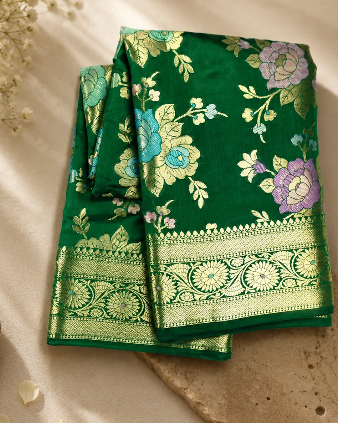 Green Pure Banarasi Saree with Pastel Floral Meenakari Weaving