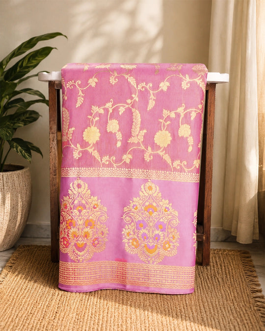 Pink Pure Tissue Saree with Floral Vine Jaal & Meenakari Paisley Pallu Weaving