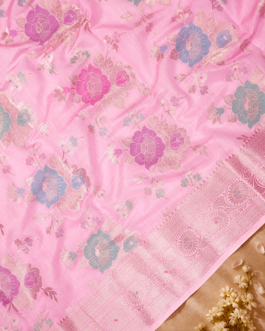 Pink Pure Banarasi Saree with Multicolour Floral Meenakari Weaving