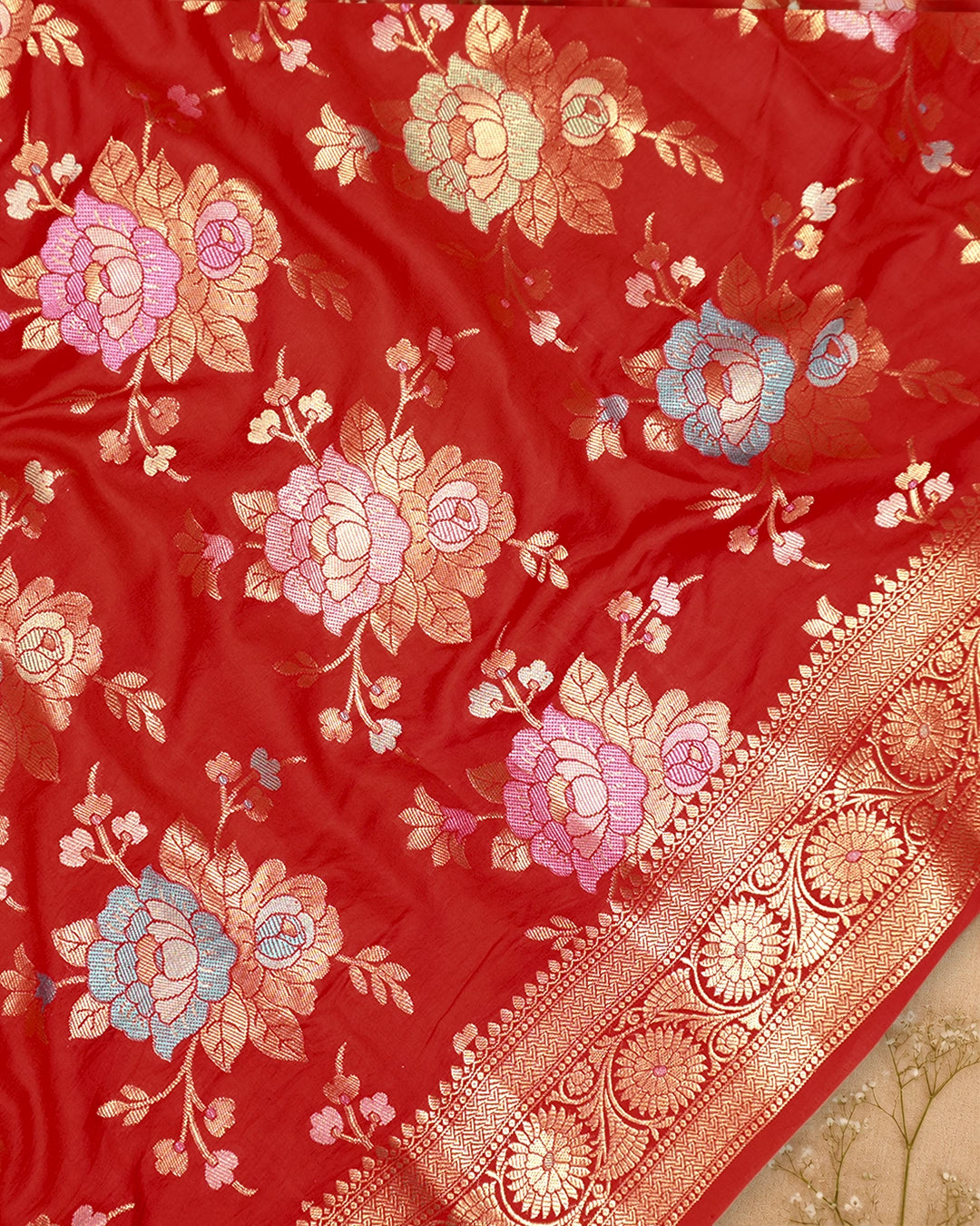 Red Pure Banarasi Saree with Pastel Floral Meenakari Weaving
