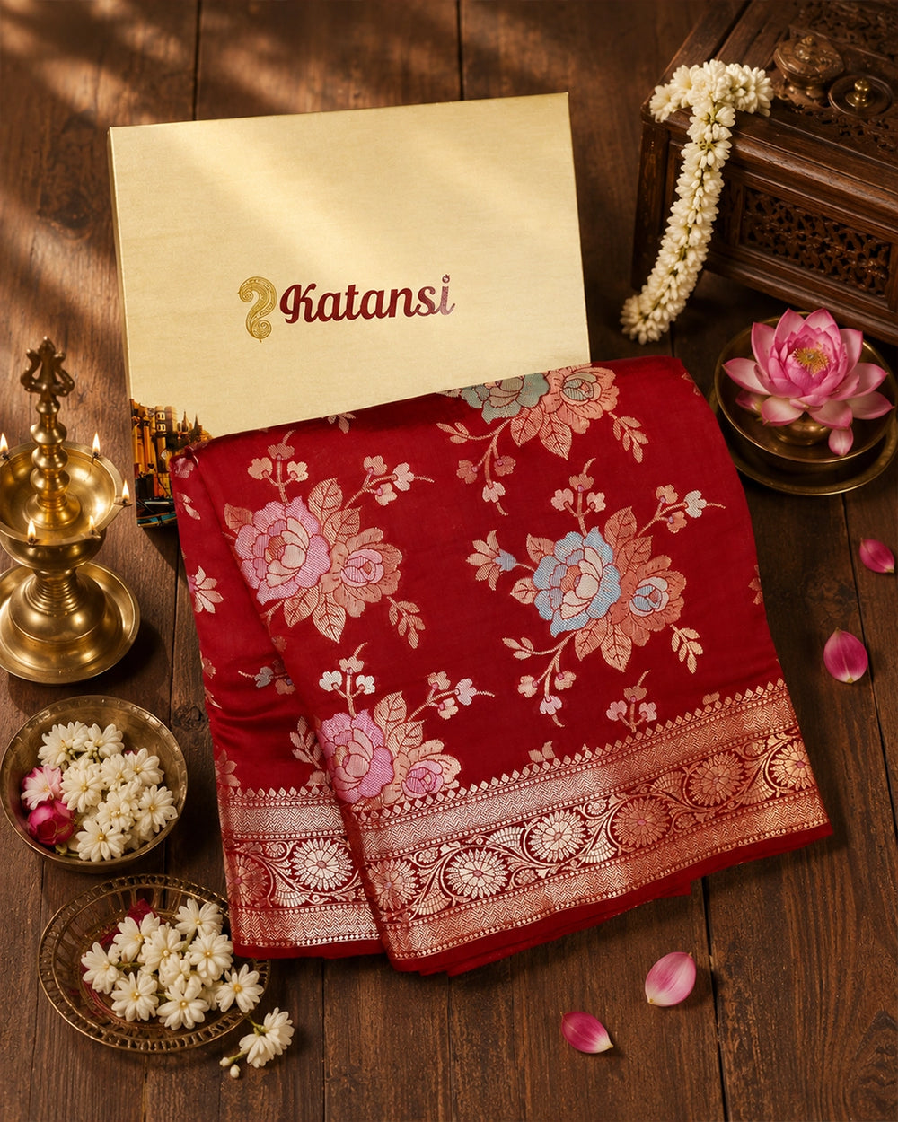 Red Pure Banarasi Saree with Pastel Floral Meenakari Weaving
