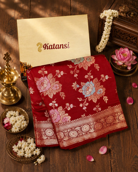 Red Pure Banarasi Saree with Pastel Floral Meenakari Weaving