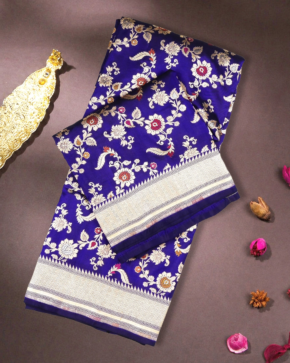 Royal Blue Pure Katan Saree with Exotic Floral Meenakari Jaal Weaving