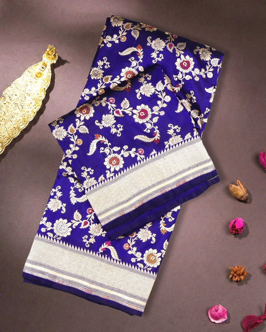 Royal Blue Pure Katan Saree with Exotic Floral Meenakari Jaal Weaving
