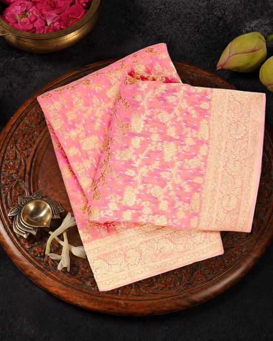 Soft Pink Pure Khaddi Georgette Bandhej Saree with Floral Vine Jaal