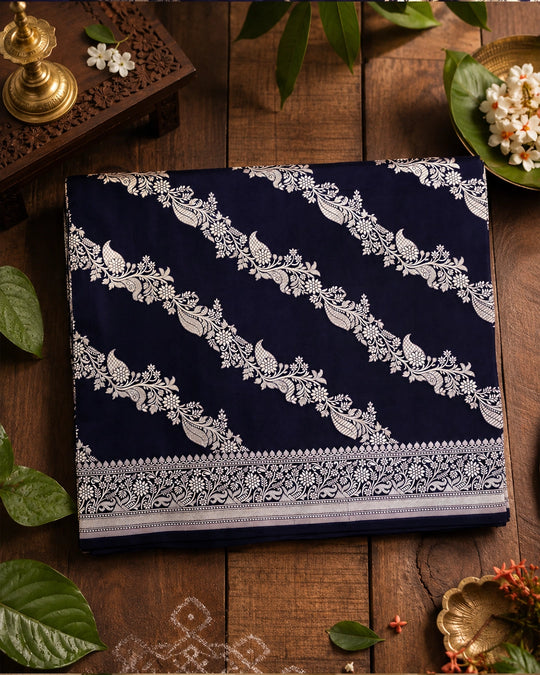 Royal Navy Pure Katan Dupatta with Diagonal Floral Zari Bel Weaving