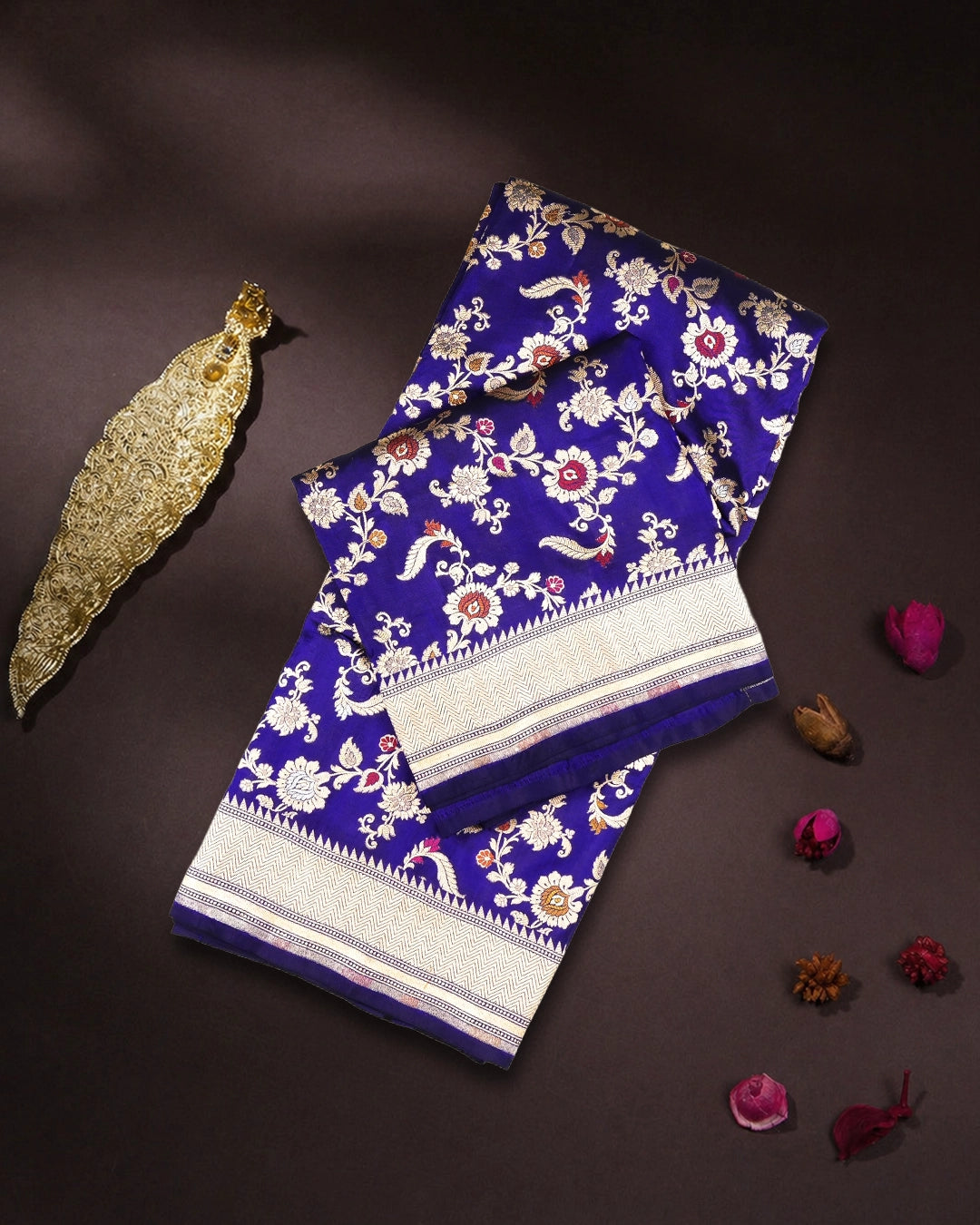 Royal Blue Pure Katan Saree with Exotic Floral Meenakari Jaal Weaving