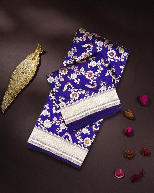 Royal Blue Pure Katan Saree with Exotic Floral Meenakari Jaal Weaving