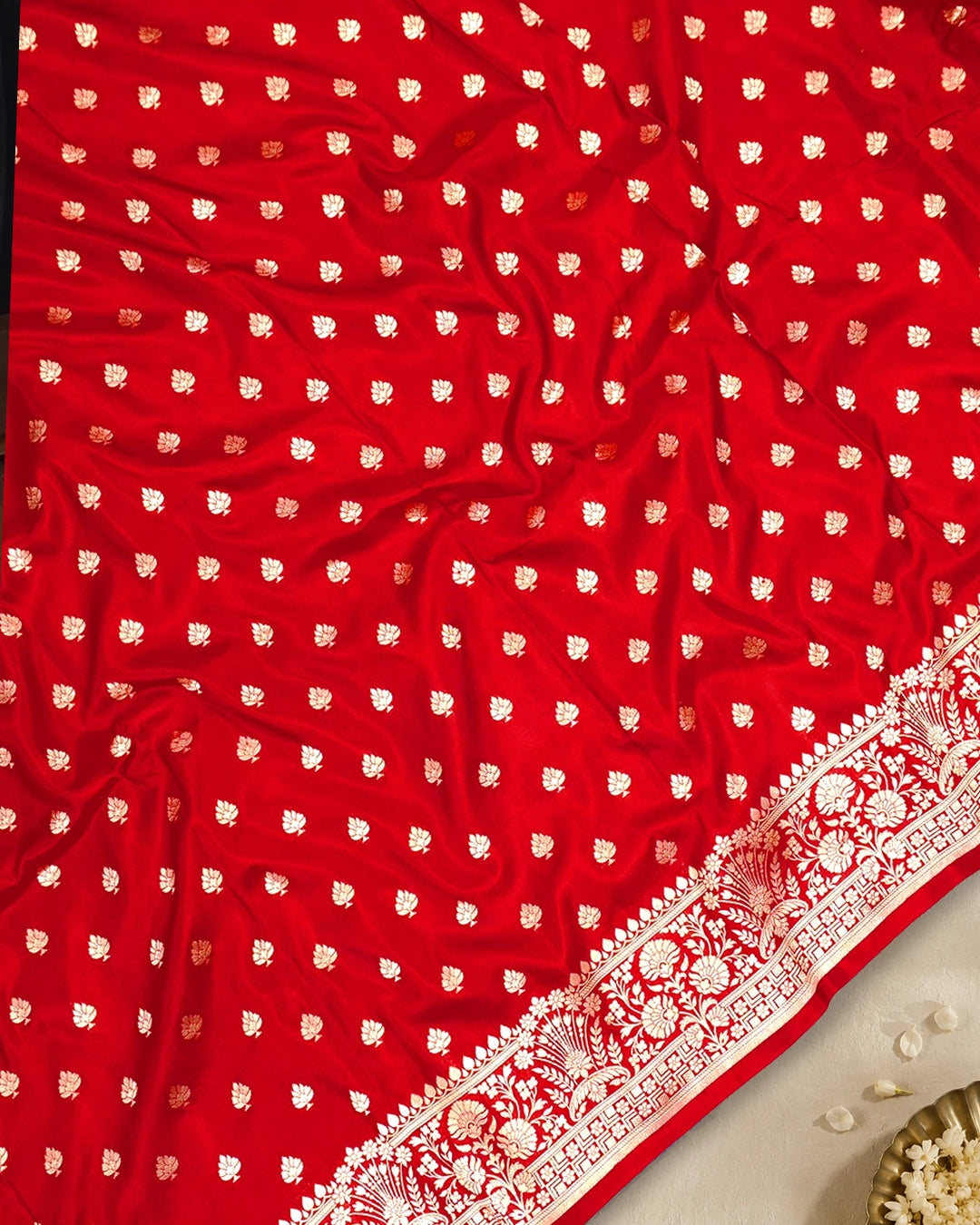 Red Pure Katan Saree with Delicate Floral Buti Weaving