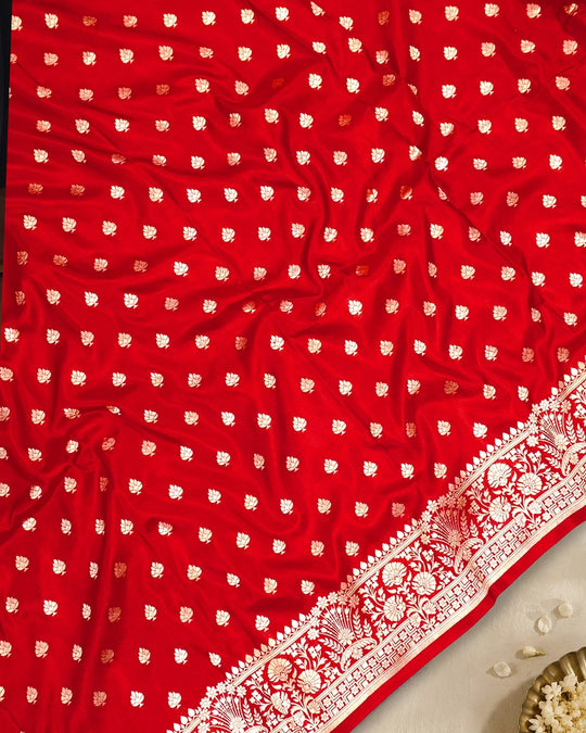 Red Pure Katan Saree with Delicate Floral Buti Weaving