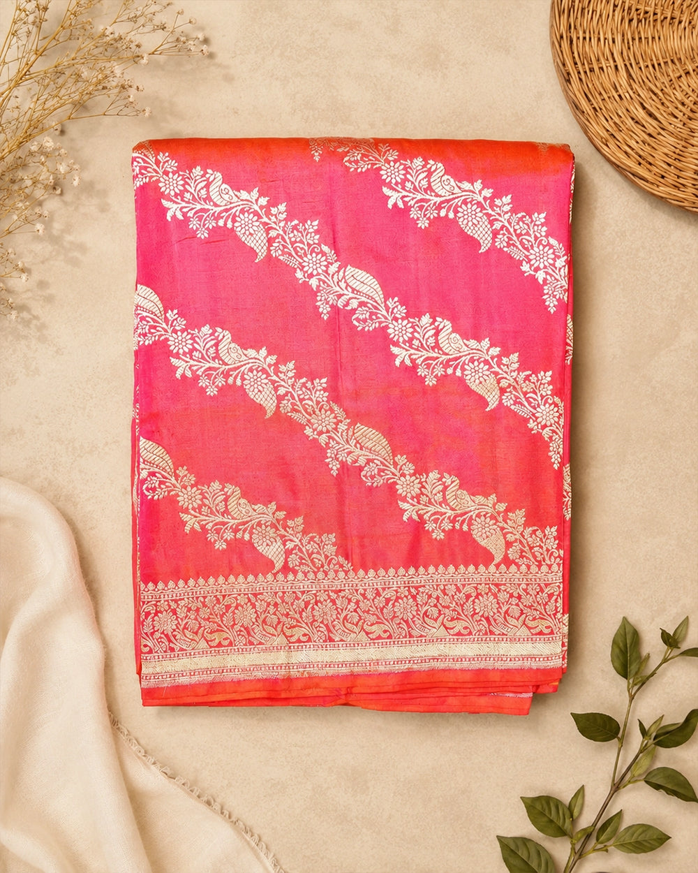 Rosette Coral Dual Shade Pure Katan Dupatta with Peacock Floral Weaving