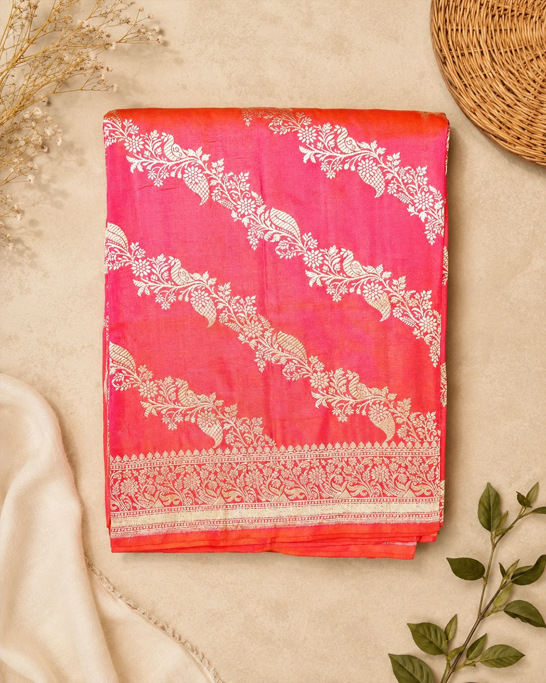 Rosette Coral Dual Shade Pure Katan Dupatta with Peacock Floral Weaving
