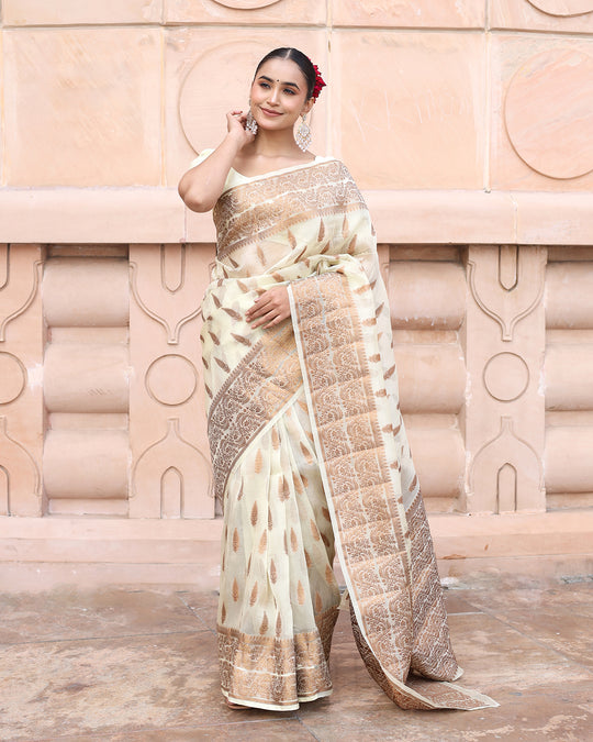 Luminous Light Cream Pure Kora Silk Banarasi Saree with Regal Elegance