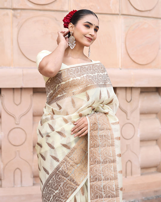 Luminous Light Cream Pure Kora Silk Banarasi Saree with Regal Elegance