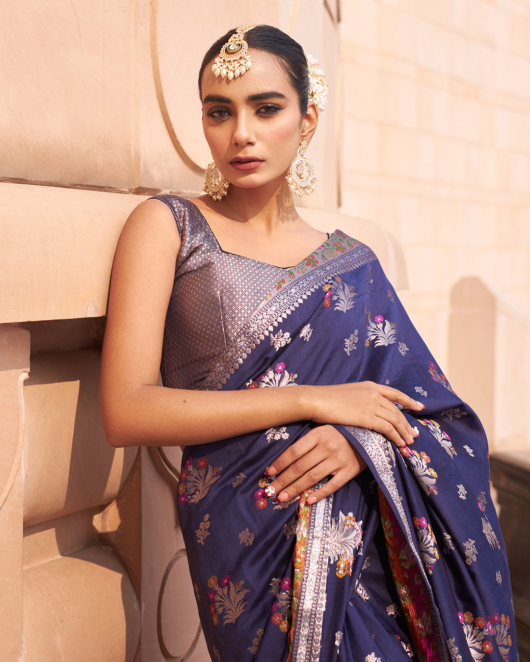 Royal Navy Pure Banarasi Silk Saree with Meenakari Accents and Timeless Floral Weaving