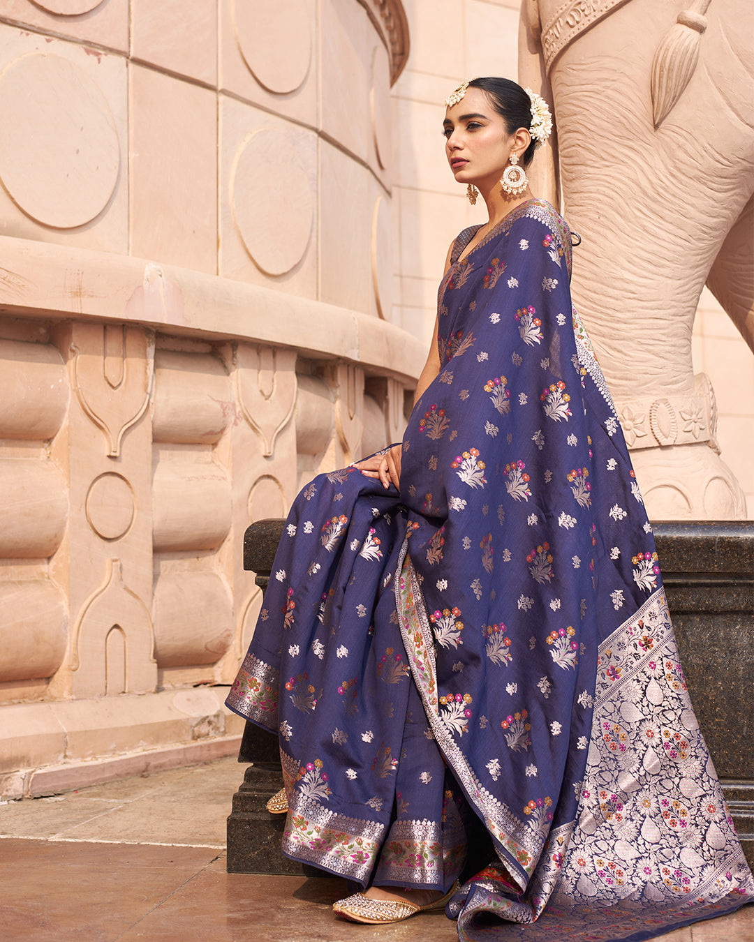 Royal Navy Pure Banarasi Silk Saree with Meenakari Accents and Timeless Floral Weaving