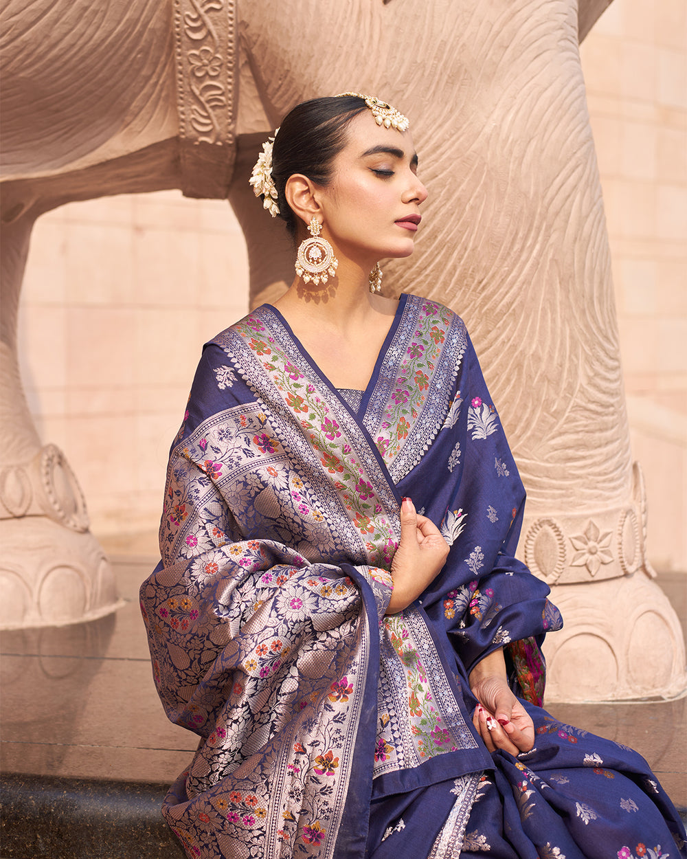 Royal Navy Pure Banarasi Silk Saree with Meenakari Accents and Timeless Floral Weaving