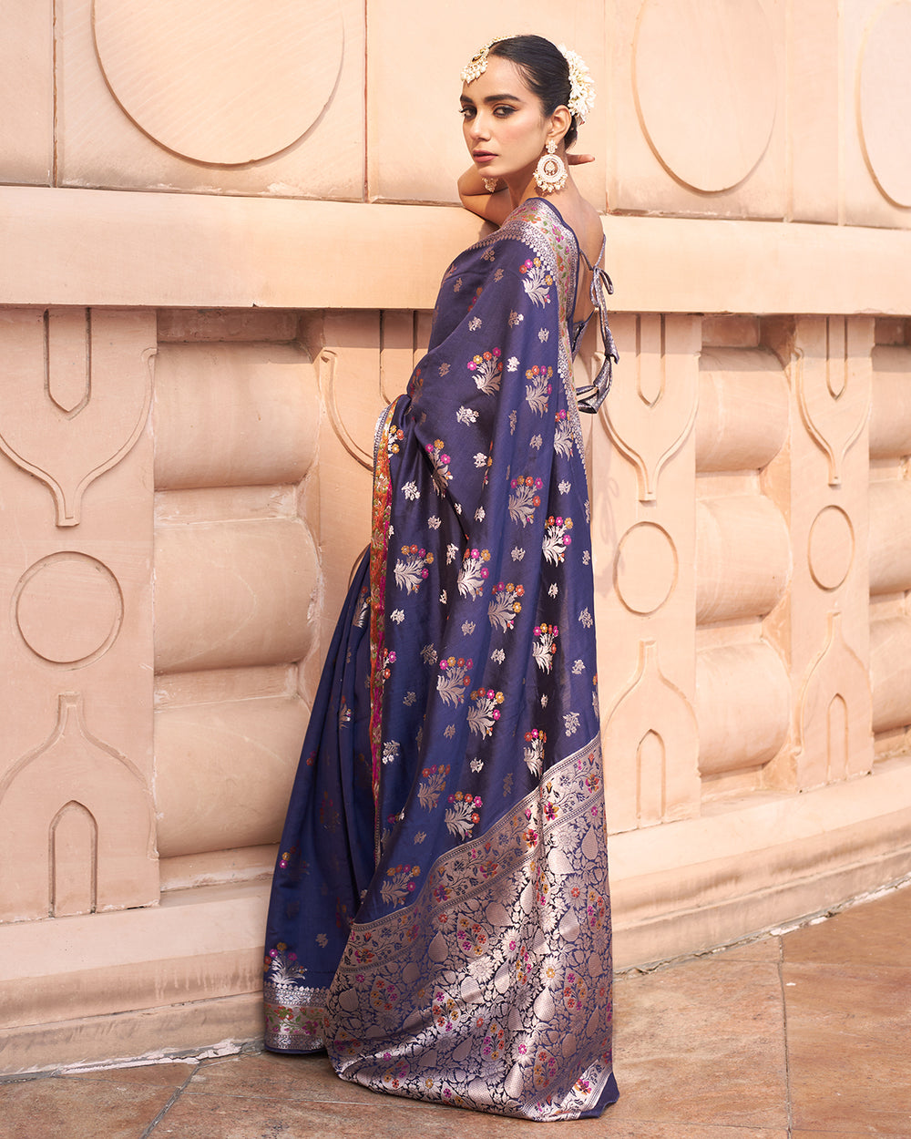 Royal Navy Pure Banarasi Silk Saree with Meenakari Accents and Timeless Floral Weaving