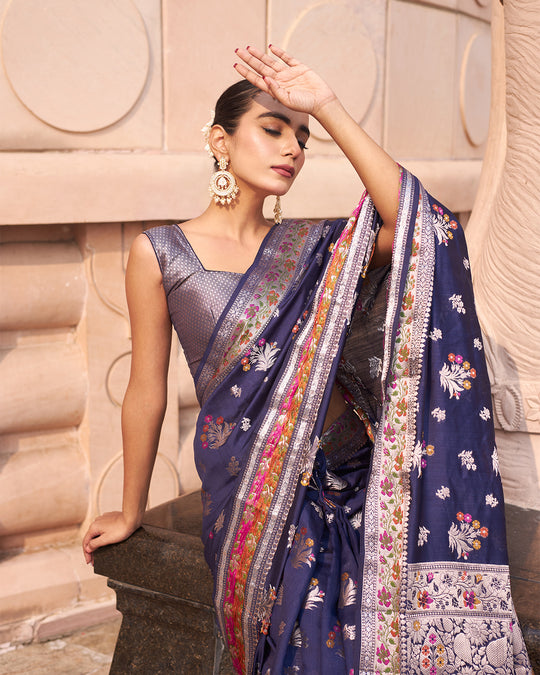 Royal Navy Pure Banarasi Silk Saree with Meenakari Accents and Timeless Floral Weaving