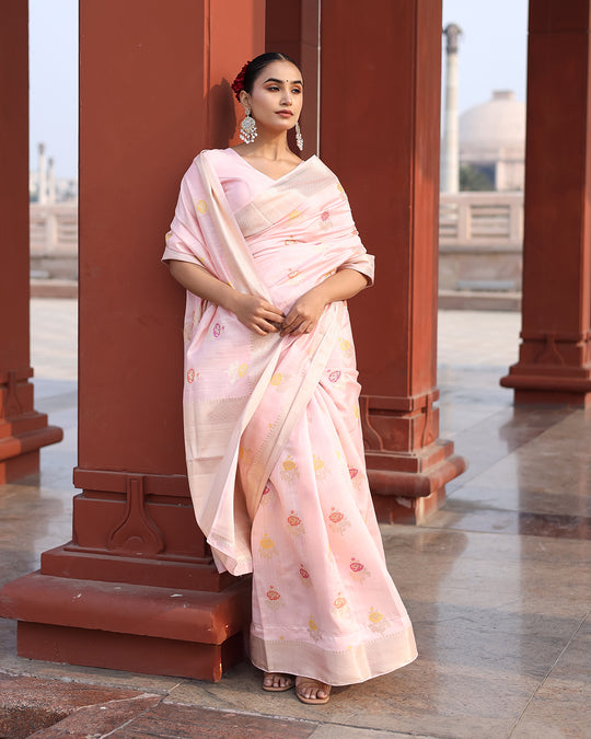 Eternal Bloom Light Pink Pure Banarasi Silk Saree with Meenakari Handwoven Floral Bootis