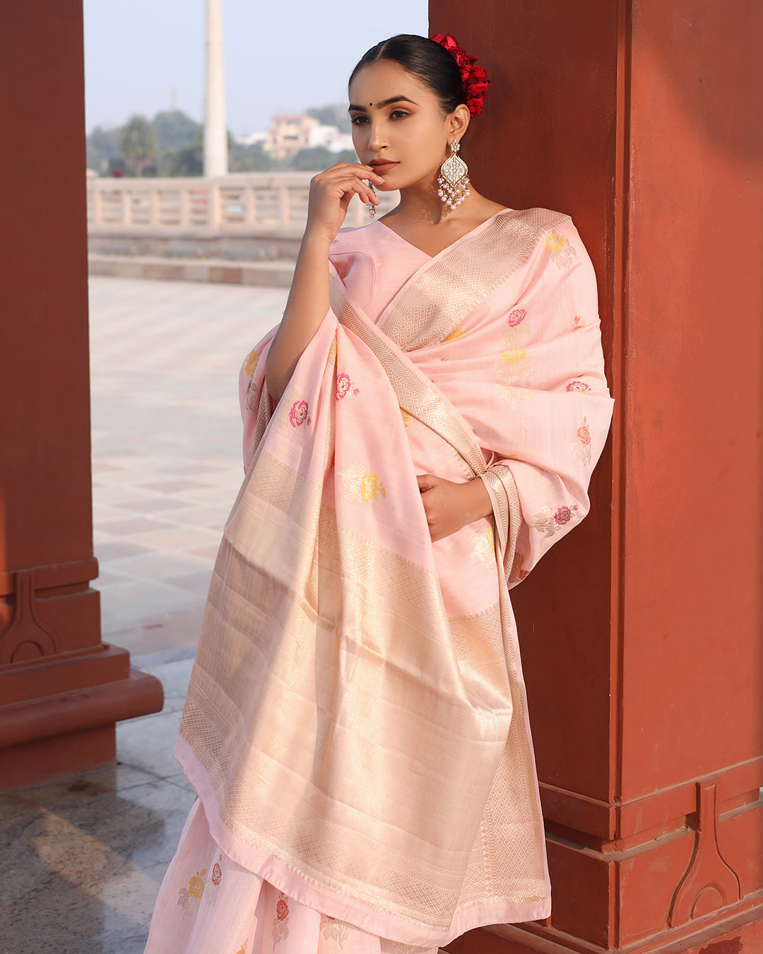 Eternal Bloom Light Pink Pure Banarasi Silk Saree with Meenakari Handwoven Floral Bootis