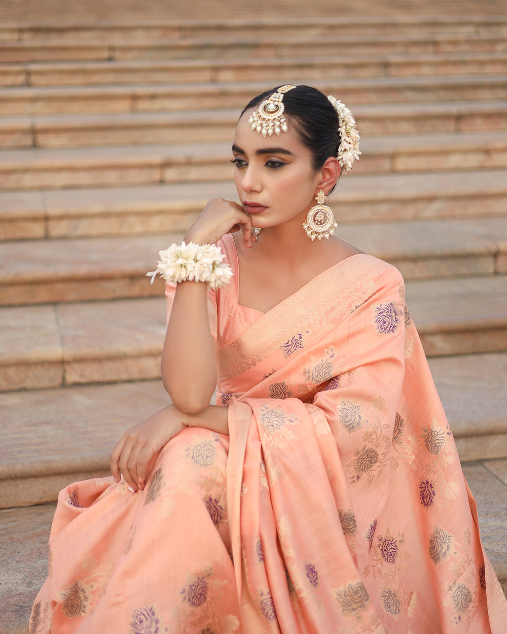 Peach Blossom Pure Banarasi Silk Saree with Luxurious Embellishments Accents