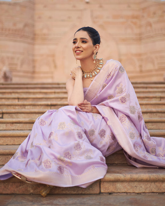 Lavender Opulence Pure Banarasi Silk Saree with Enchanted Floral Details