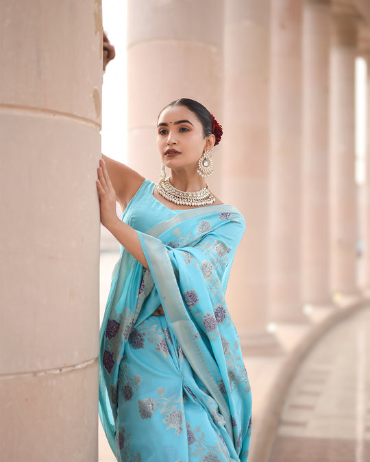 Heavenly Sea Blue Pure Banarasi Silk Saree with Elegant Zari Craftsmanship and Handwoven Floral Accents