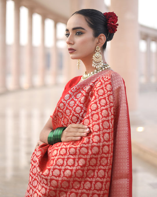 Majestic Red Pure Banarasi Silk Saree with Rich Regal Gold Embellishments