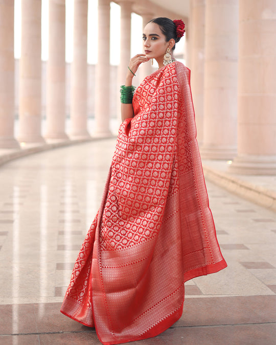 Majestic Red Pure Banarasi Silk Saree with Rich Regal Gold Embellishments