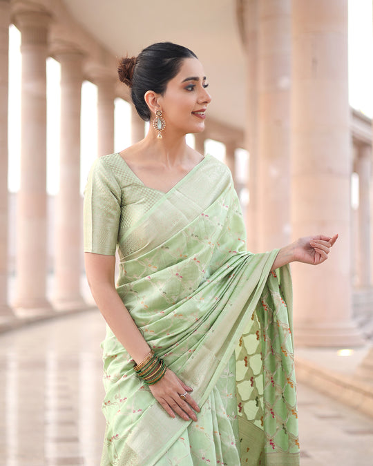 Olive Grace Light Green Pure Banarasi Silk Saree with Ornate Designs