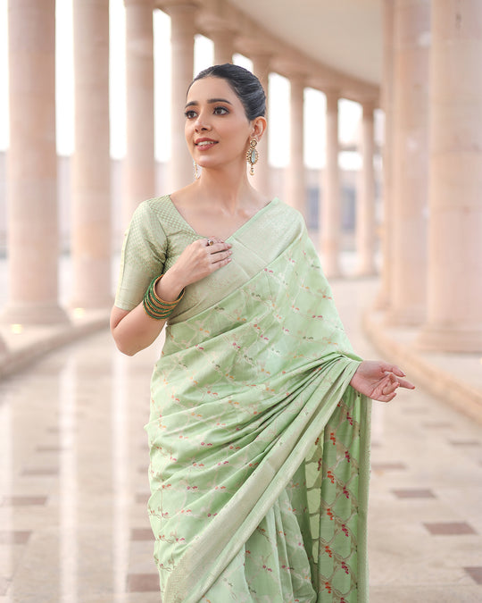 Olive Grace Light Green Pure Banarasi Silk Saree with Ornate Designs