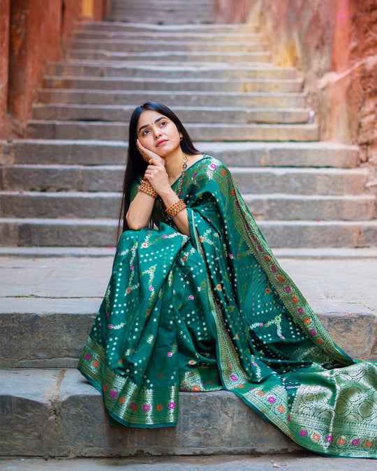 Rich Green Pure Banarasi Silk Masterpiece - Ghats of Banaras