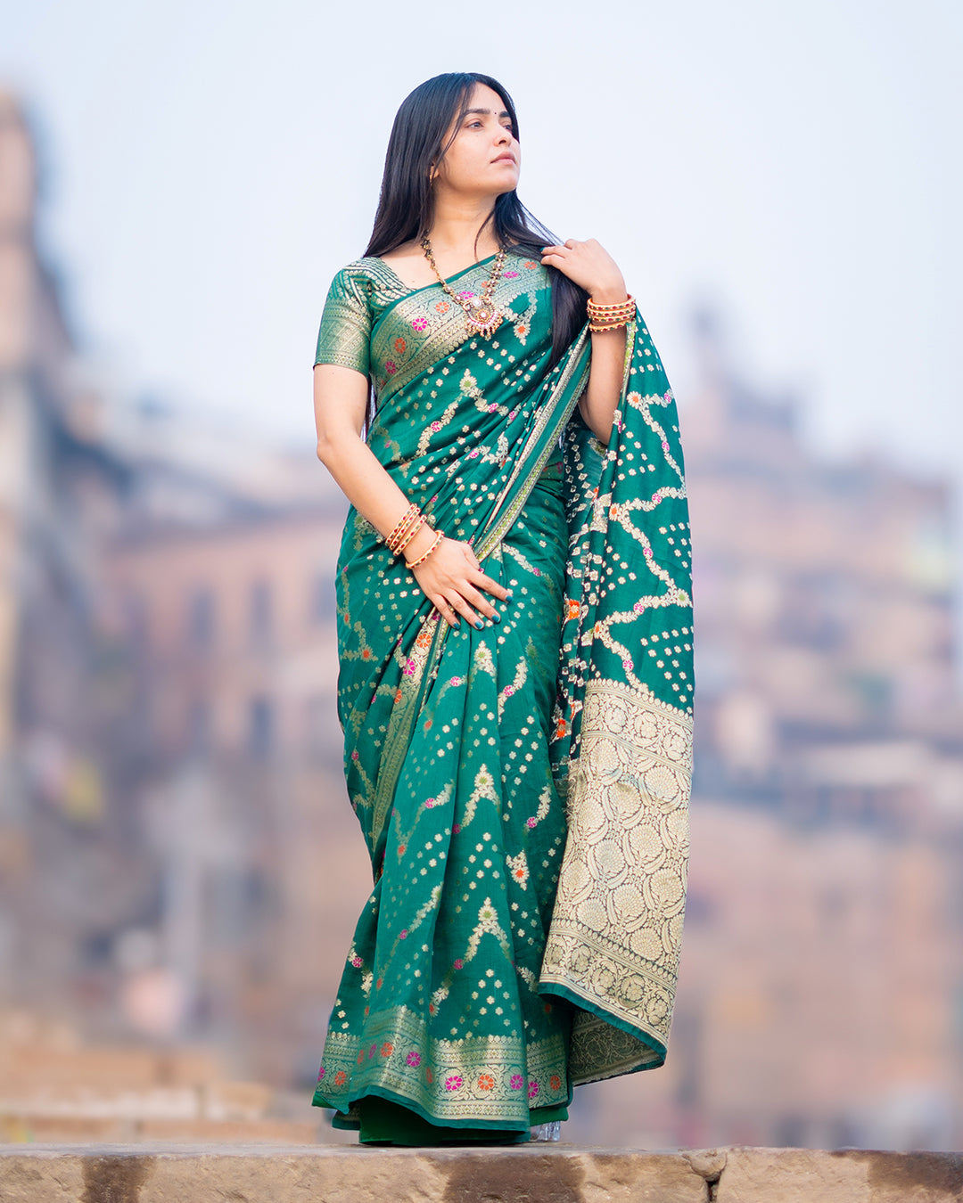 Rich Green Pure Banarasi Silk Masterpiece - Ghats of Banaras