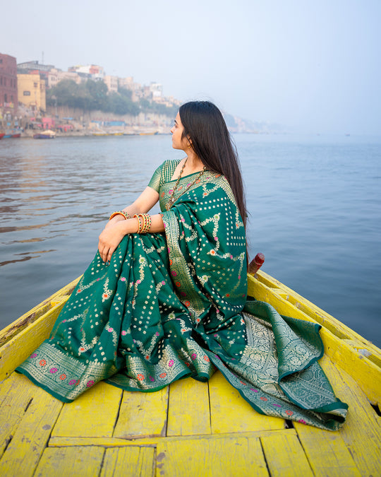 Rich Green Pure Banarasi Silk Masterpiece - Ghats of Banaras