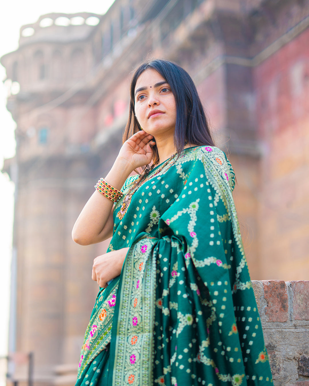 Rich Green Pure Banarasi Silk Masterpiece - Ghats of Banaras