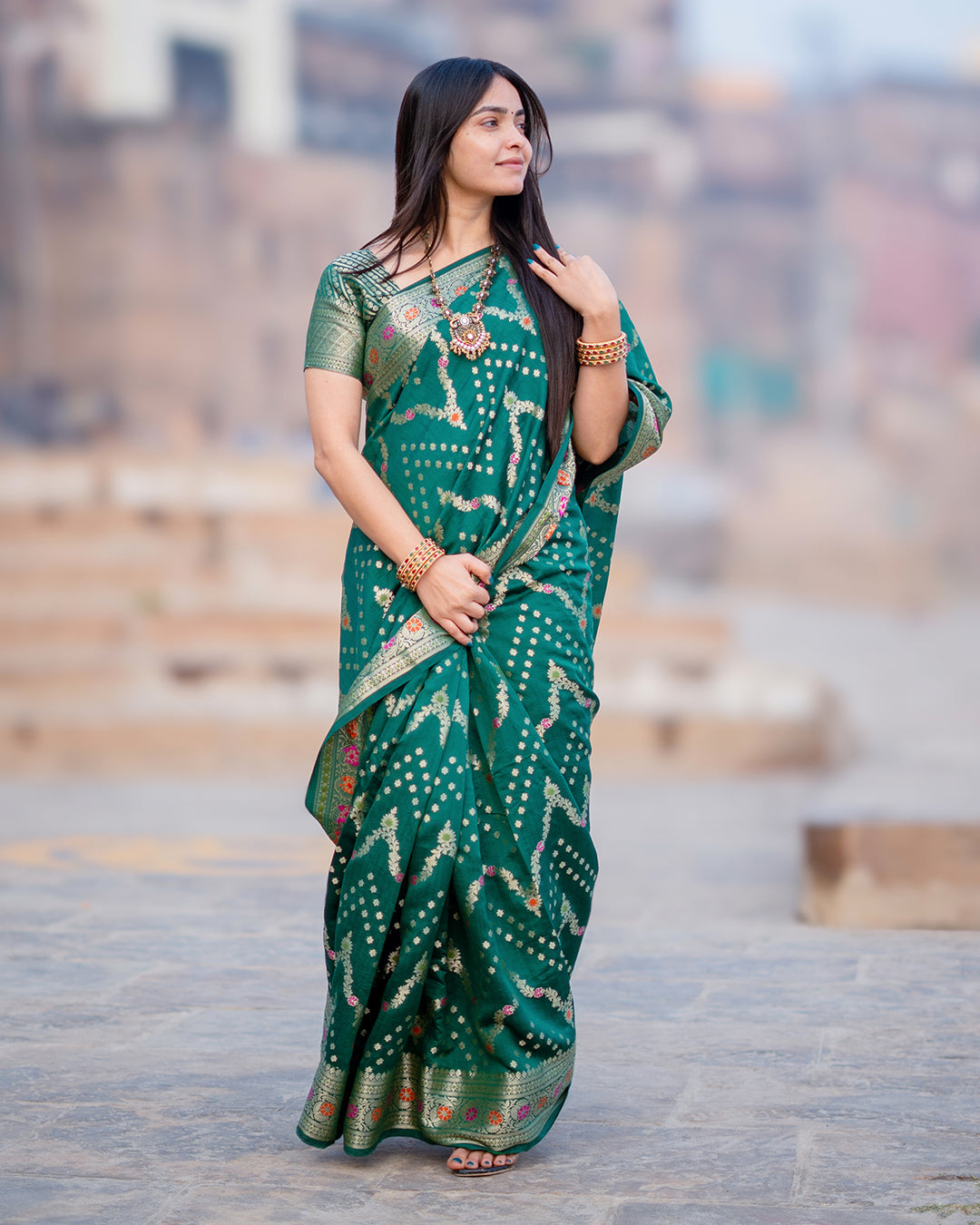 Rich Green Pure Banarasi Silk Masterpiece - Ghats of Banaras