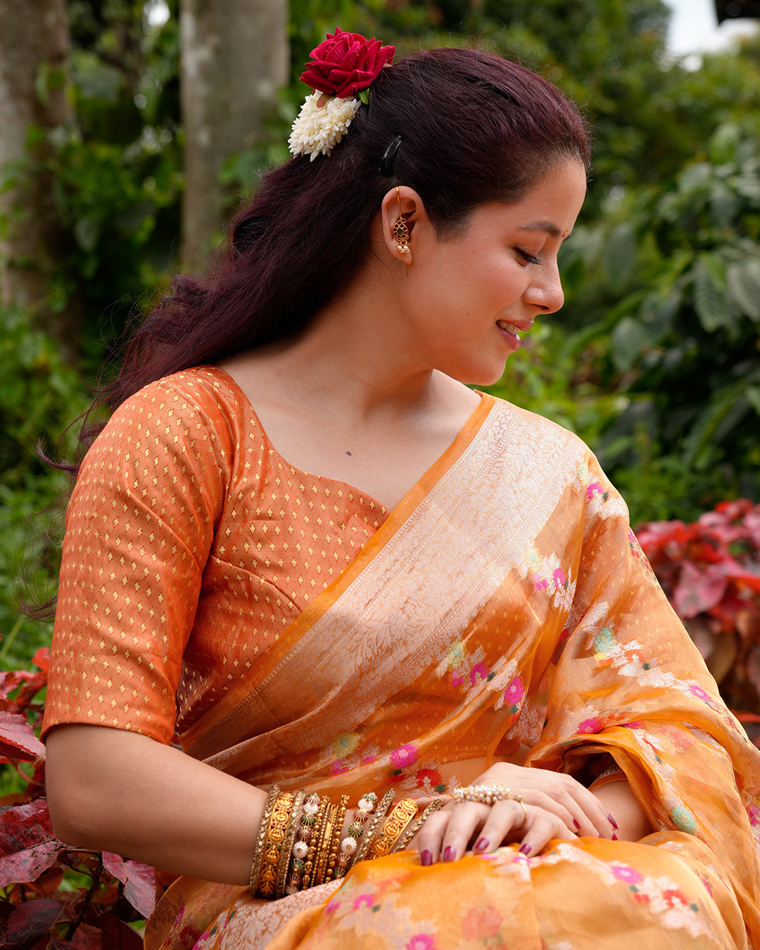 Tangerine Pure Tissue Saree with Floral Meenakari Weaves