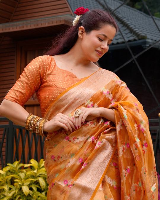 Tangerine Pure Tissue Saree with Floral Meenakari Weaves