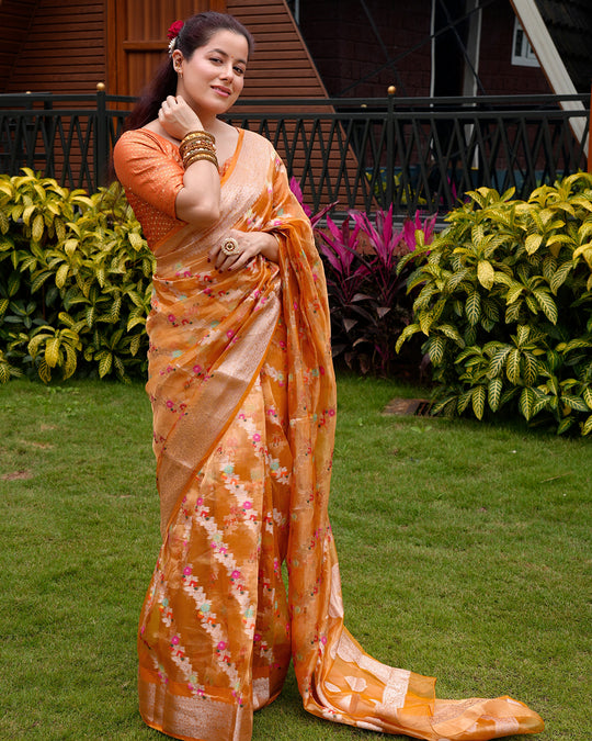 Tangerine Pure Tissue Saree with Floral Meenakari Weaves