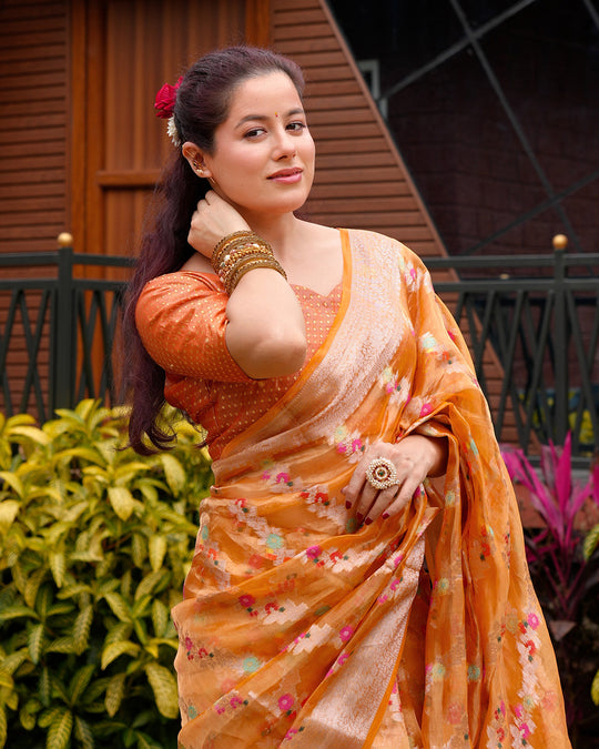 Tangerine Pure Tissue Saree with Floral Meenakari Weaves