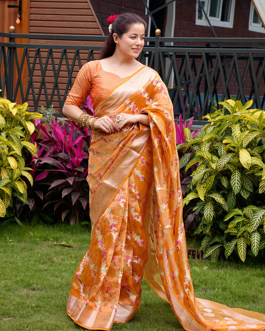 Tangerine Pure Tissue Saree with Floral Meenakari Weaves