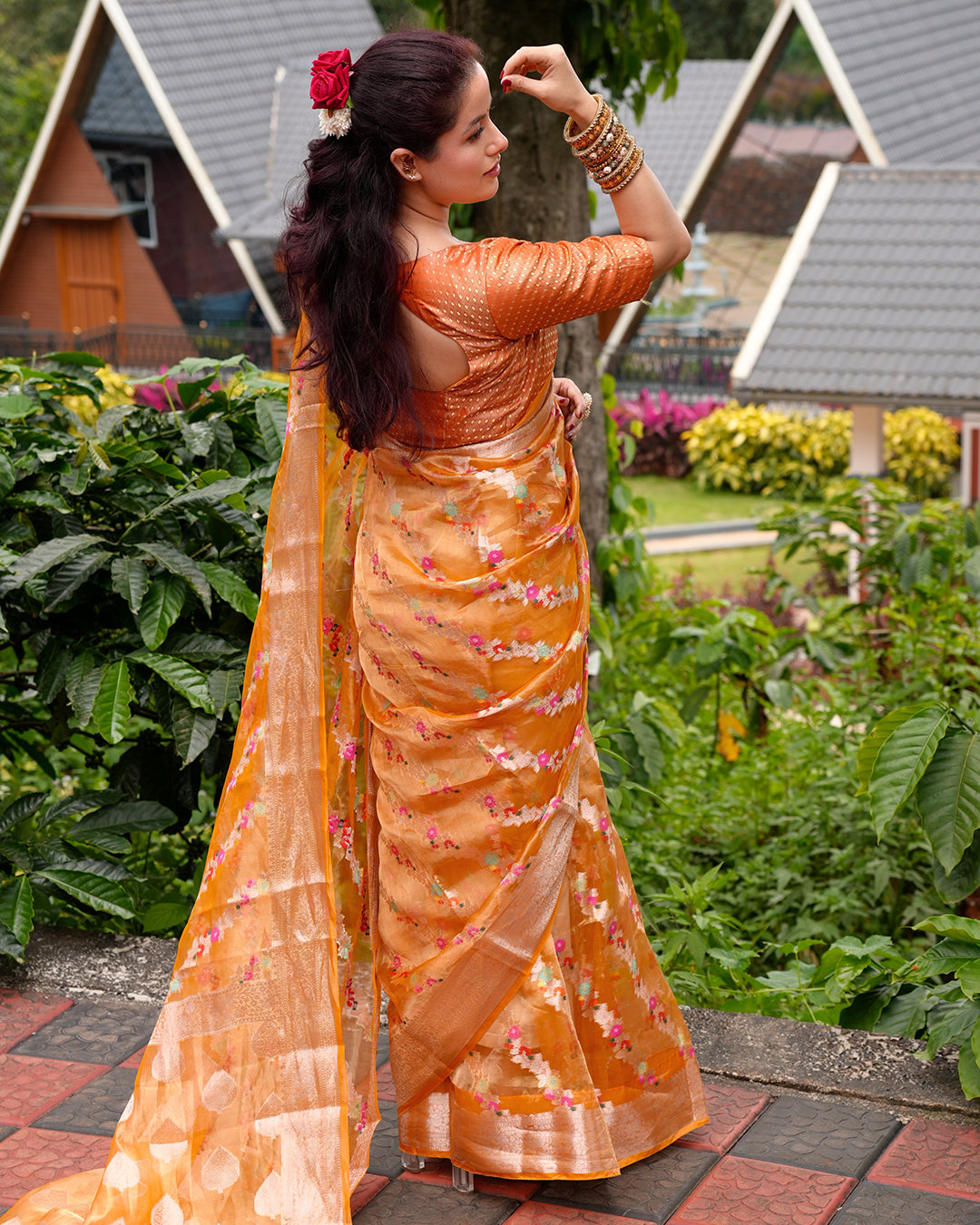 Tangerine Pure Tissue Saree with Floral Meenakari Weaves